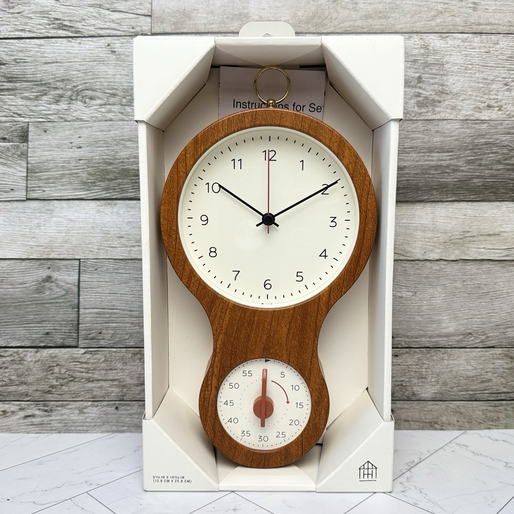 Hearth & Hand Faux Wood & Brass Finish Kitchen Clock With Timer